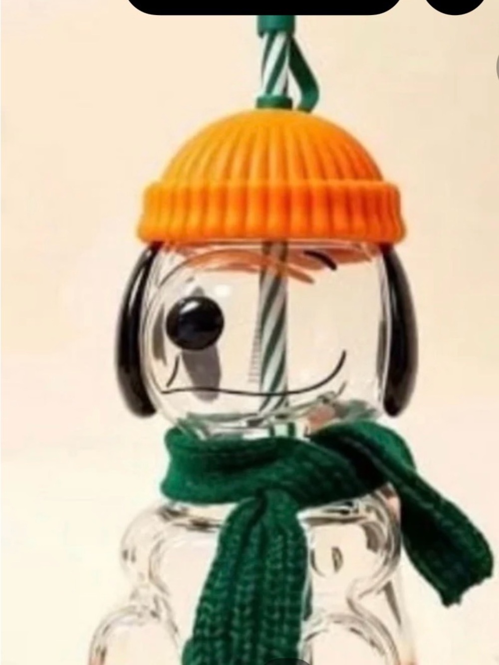 Starbucks Clear Snowman Water Bottle with Orange Hat and Green Scarf